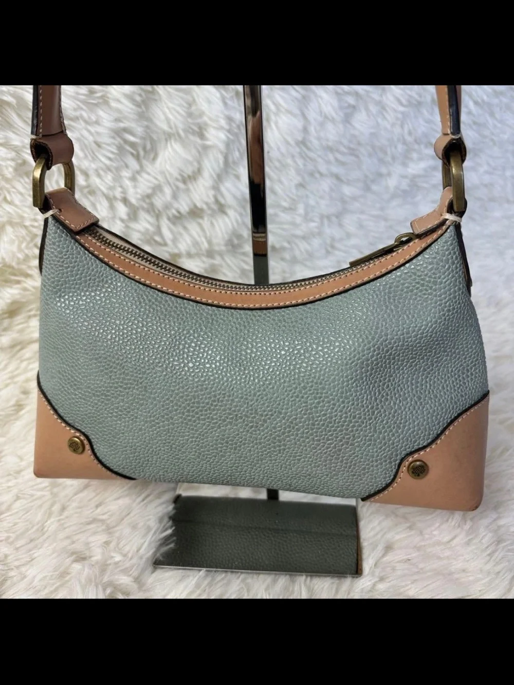 Mulberry Sage Pebbled Leather Shoulder Bag with Tan Trim